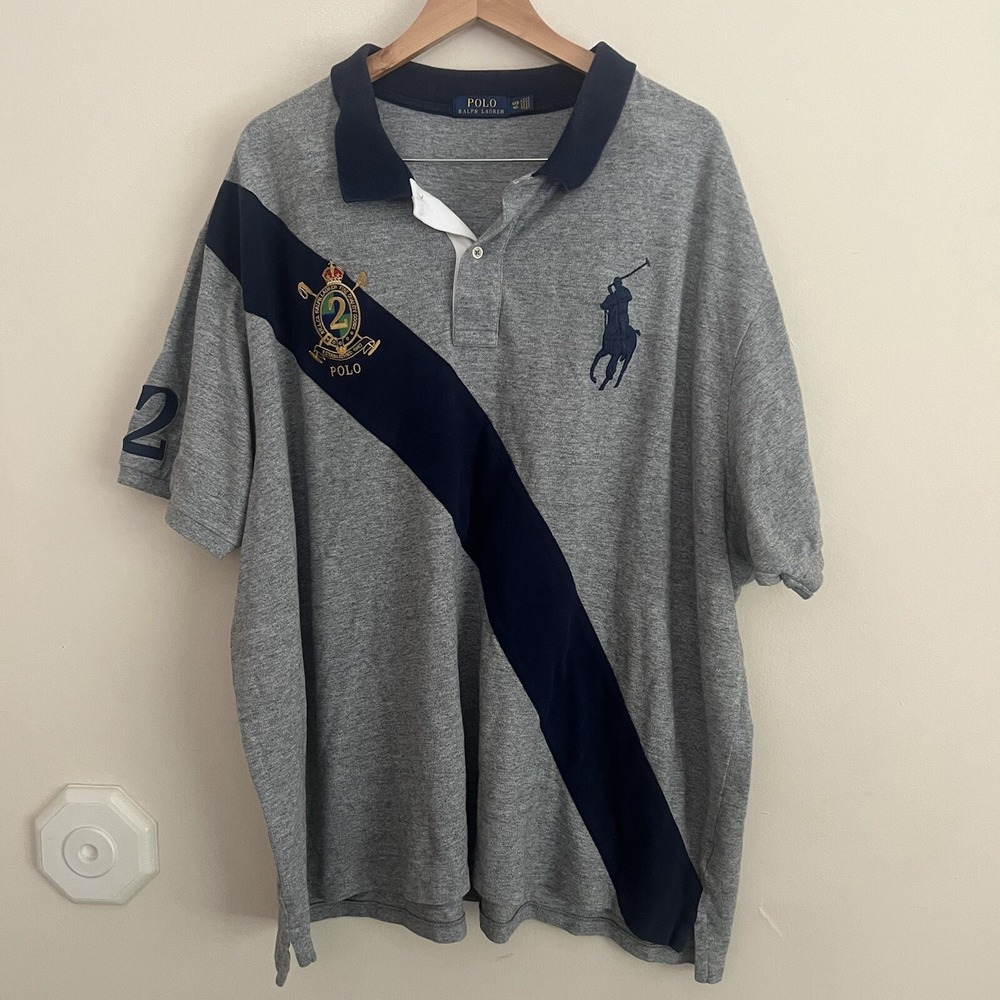 Polo Ralph Lauren Big & Tall Mesh Big Navy Pony Gray Shirt Sash Shield Crest 4XB